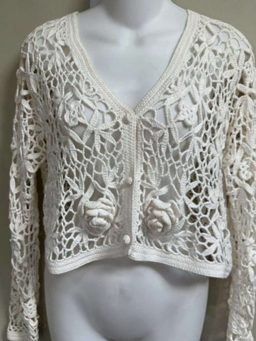 Vtg 90s Contempo White Cropped Crochet Cardigan Sweater Coquette Cottagecore - Picture 2 of 7